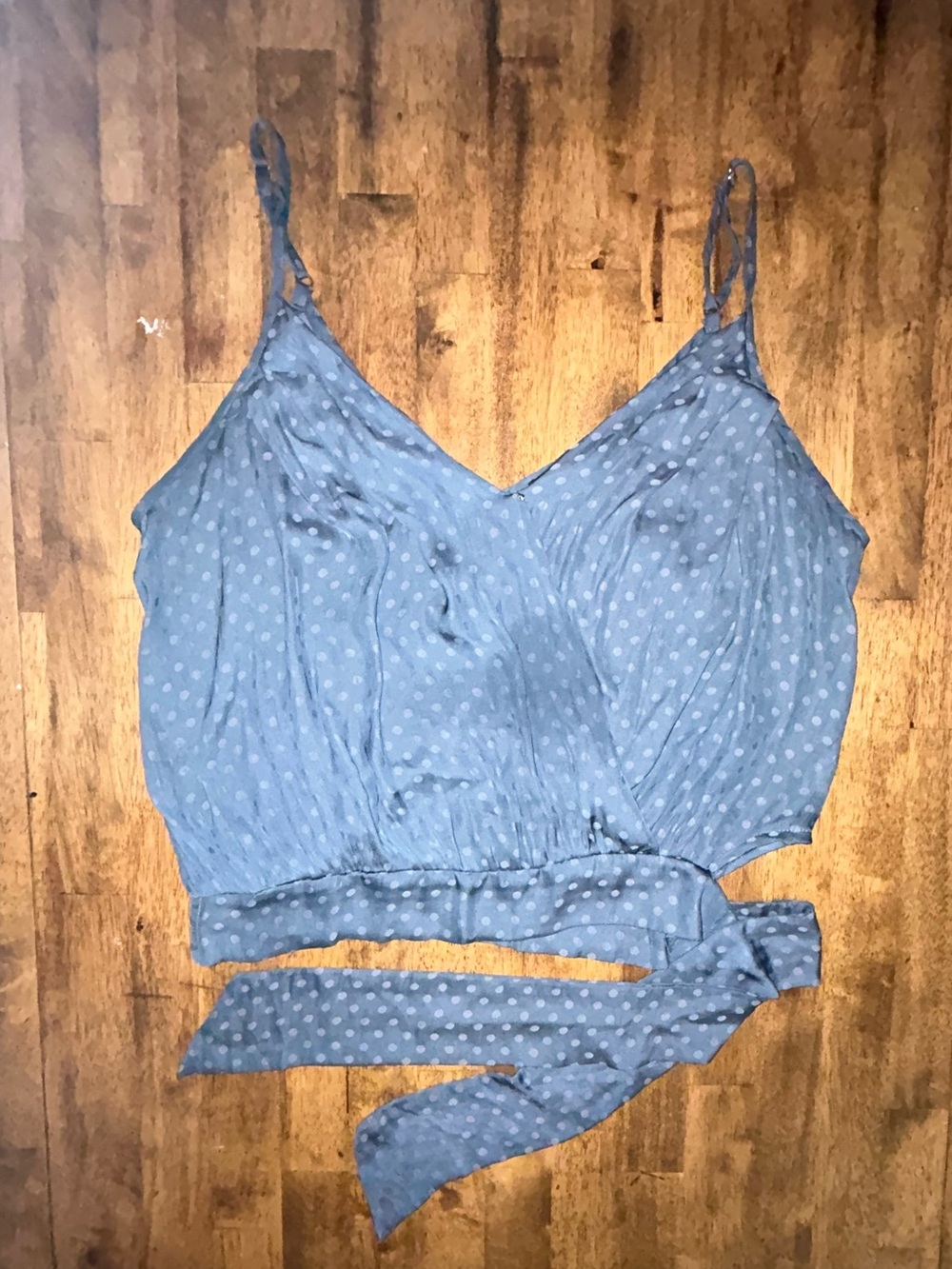 Honey Punch Blue Polka Dot Wrap Crop Top